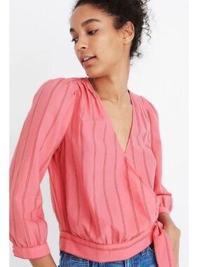 MADEWELL Pink Wrap Top in Cecilia Stripe Side Tie Style J2272 Size XXS NWT